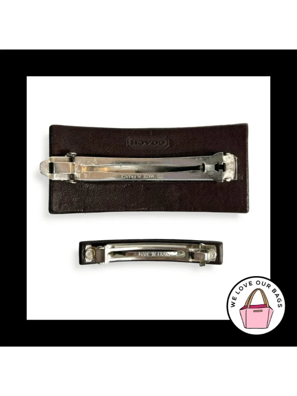Y2K Vintage COACH HAIR BARRETTE Clip 2 Lot Set Black Bag Leather Nickel MSRP $76